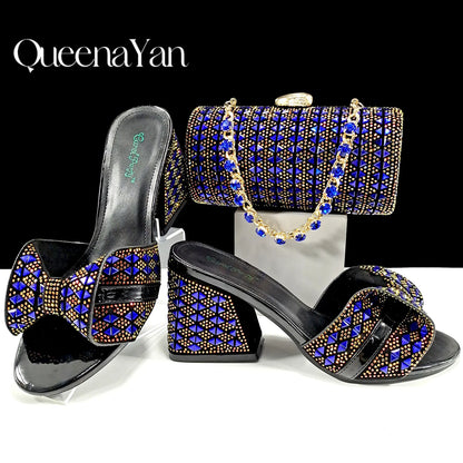 QSGFC Italian Fashion Banquet Shoes and Bags African Women's Hand Bags with Rhinestone Decoration and Women's High Heels