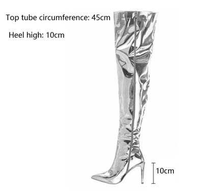 Women Boots Mirror Platform Pointy Toe Punk High Thin Heels Over The Knee Long Boots Autumn Winter Zip Silver Casual Party Shoes