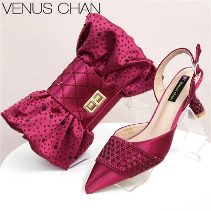 Nigerian Women Heel Party Ladies Italian Design Shoes And Bags Set Decorated with Rhinestone Handbag Wedding Party