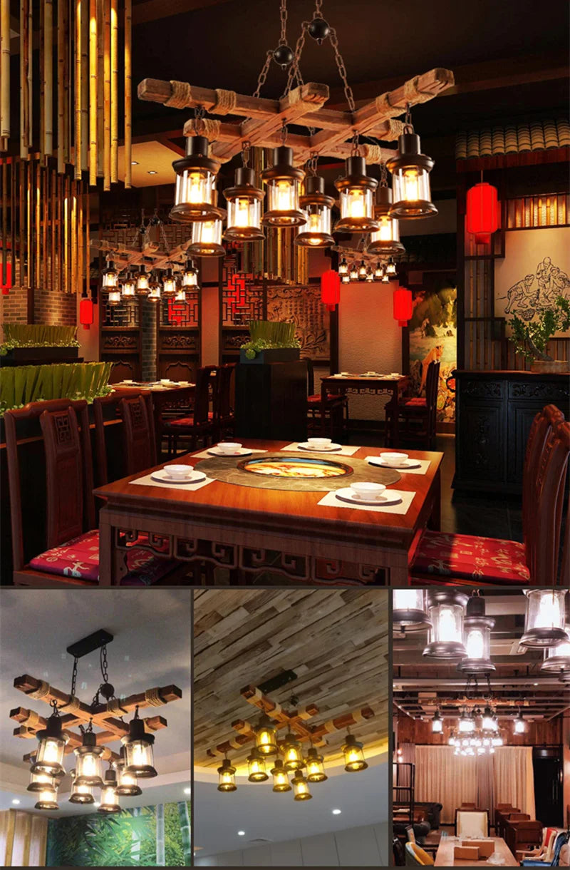 Retro Wood E27 LED Ceiling Lamp Antique Industrial Chandelier Lighting LOFT Bar luminaire Vintage Pendant Lights lustre
