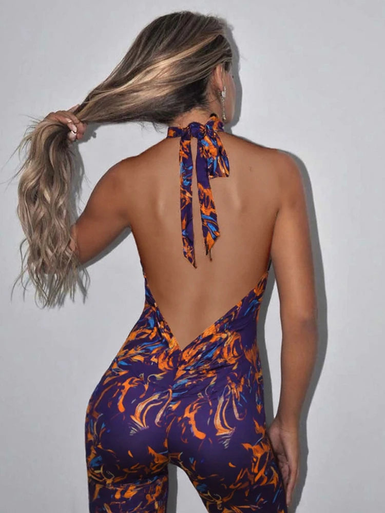 Weird Puss Colorful Print Romper Women Halter Bandage Summer Sexy Hipster Backless Activity Workout Fit Tight Stretch Playsuits