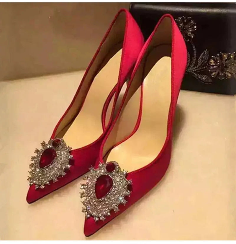 Luxury Diamond Crystal Satin Women Pumps Elegant Pointed toe Stiletto High heels Spring Autumn Fashion Wedding Banquet Shoes
