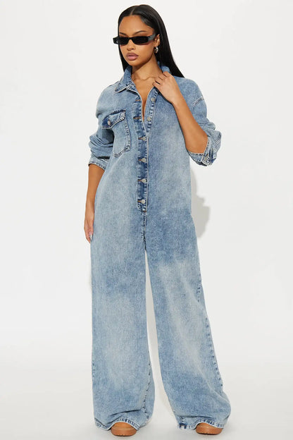 Streetwear Jeans Cargo Jumpsuit Sexy Women Turn Down Collar Elegant Wide Leg Denim Straight Romper Overalls