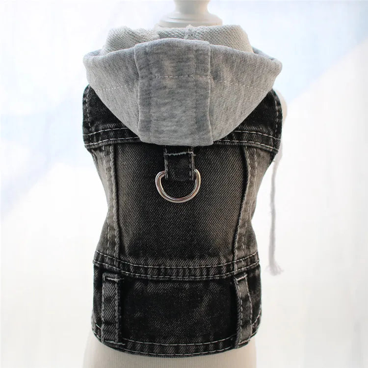 Cool Dog Jean Jacket Vest with D-Ring Hoodies for Small Medium Dogs, Spring Dog Clothes Puppy Denim Harness Coat for Walking
