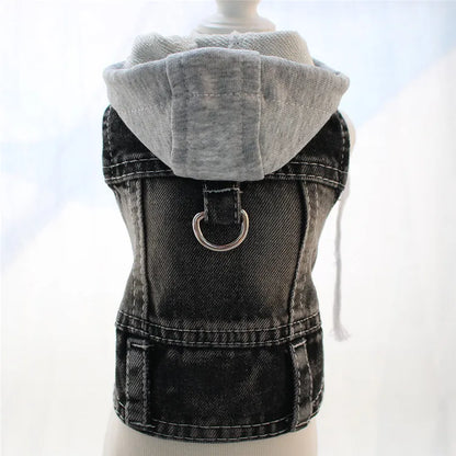 Cool Dog Jean Jacket Vest with D-Ring Hoodies for Small Medium Dogs, Spring Dog Clothes Puppy Denim Harness Coat for Walking