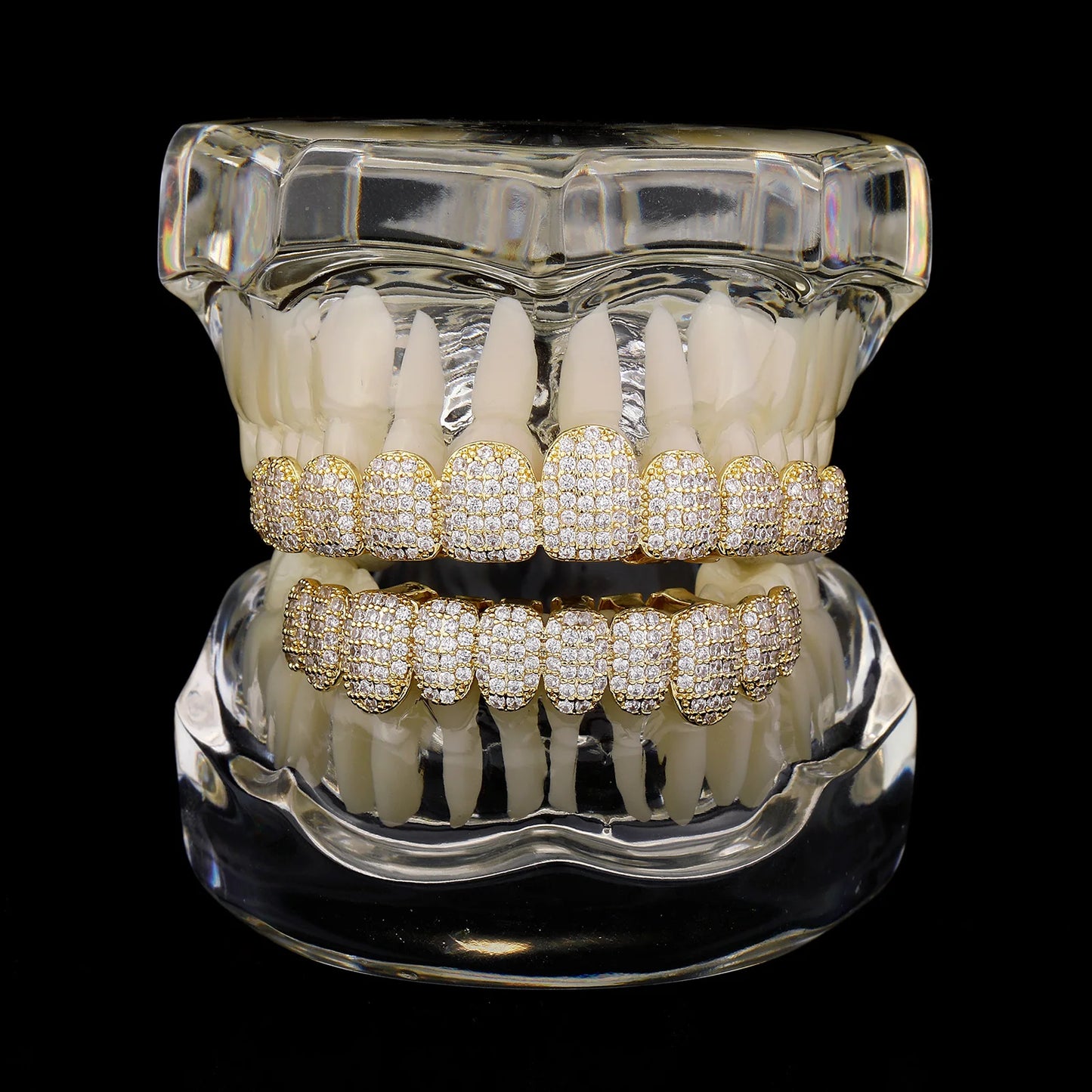 TOPGRILLZ Iced Out 10 Top &10 Bottom 5A CZ Stones Teeth Grillz Punk Rapper 14K Gold Plated Zircon Tooth Caps For Mouth Jewelry