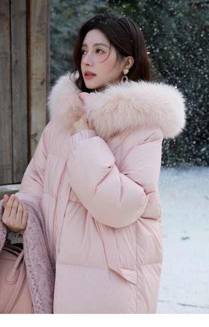 MISHOW Women's Long Down Coats 2025 Winter Fox Fur Collar 90% White Duck Down Down Jacket Warm Coat Large Pockets MXD112Y0070