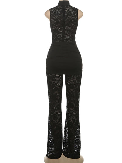 Nibber Streetwear Patchwork Jacquard Jumpsuit Woman Sexy Ruched Waist Metal Knot Stretch Skinny Midnight Workout Overalls