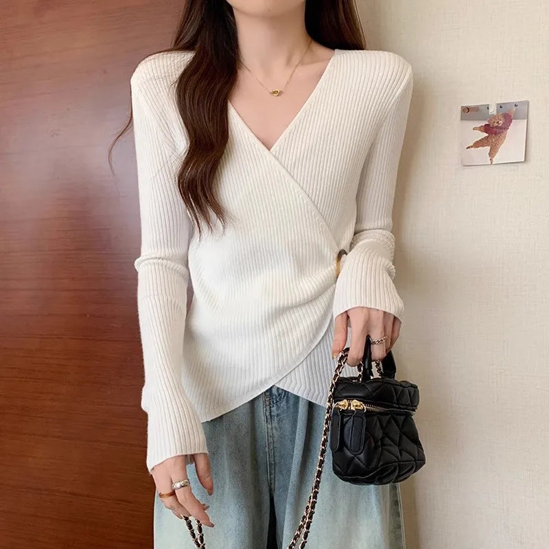 Women Wrap V Neck Ribbed Knit Top Metal Ring Buckle Flare Long Sleeve Slim Sweater