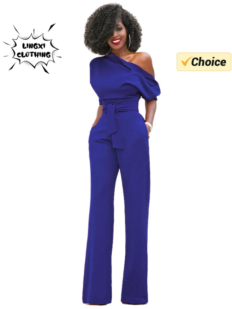 2024 Summer New Fashion Women's Jumpsuit Solid Color Slanted Shoulder Elegant Temperament Sleeveless Long Wide Leg Jumpsuit