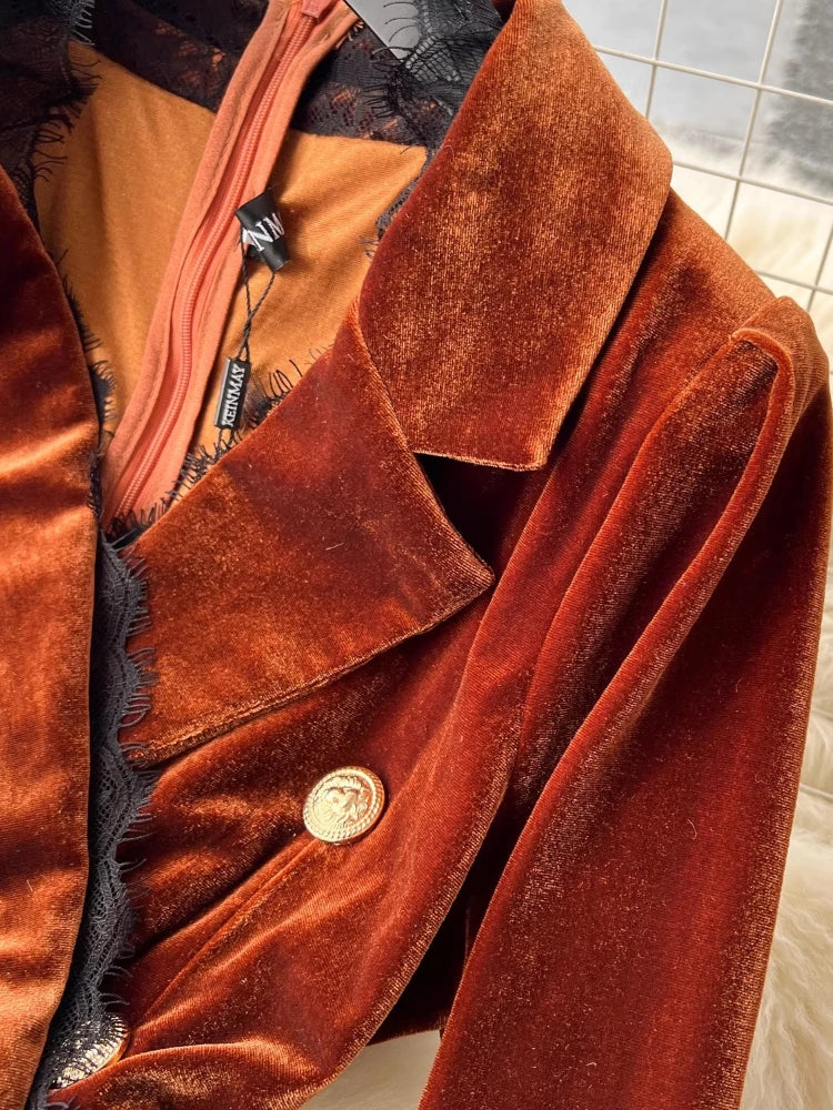 Autumn Winter Luxury Velvet Dress Women Clothing Notched Lion Metal Buttons Split Letter Belt Thick Velour Long Party Vestidos