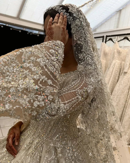 Flavinke Customized Muslim Princess Wedding Dresses Beaded Ball Gowns Middle East Bride Dresses Long Sleeve Vestido de novia