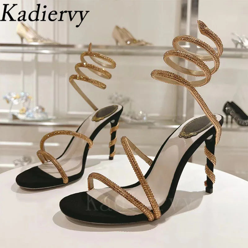 Luxury High Heels Sandals Woman Rhinestone Snake Twine Around Ankle Strap Wedding Shoes Stiletto Summer Gladiator Sandals Women