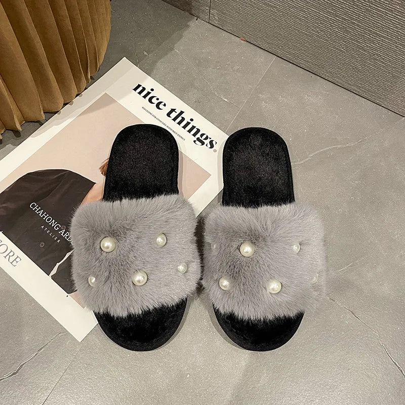 Perle Fluffy Slippers Home Winter Casual Designer Shoes Women 2025 New Luxury Indoor Plush Slides Girls Fashion Elegant Footwear