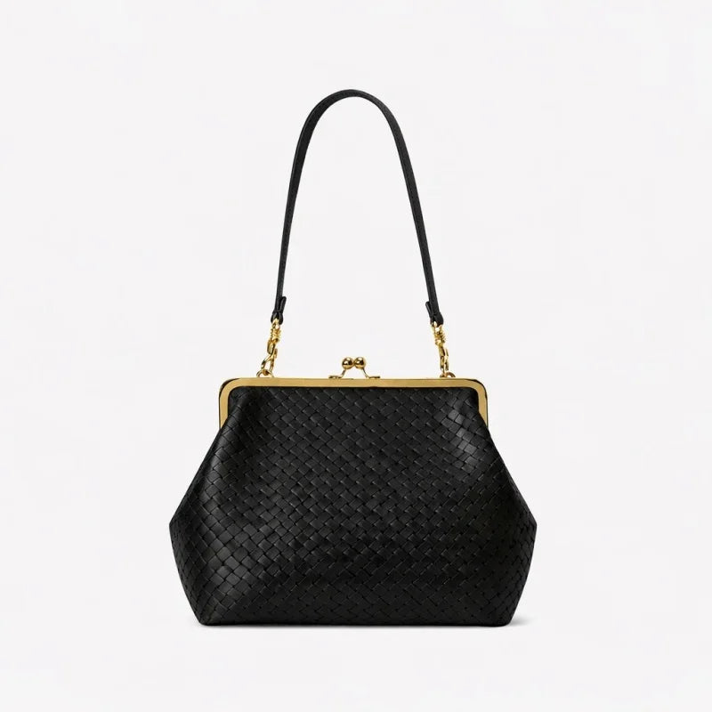 2026 Retro Leather & Straw Woven Bag – Kiss Lock Frame Shell Clutch, Large Capacity Shoulder Tote for Commute Beach Evening