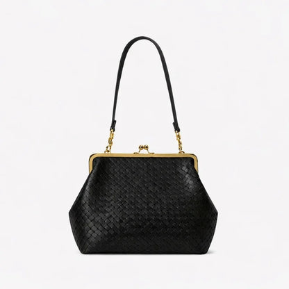 2026 Retro Leather & Straw Woven Bag – Kiss Lock Frame Shell Clutch, Large Capacity Shoulder Tote for Commute Beach Evening