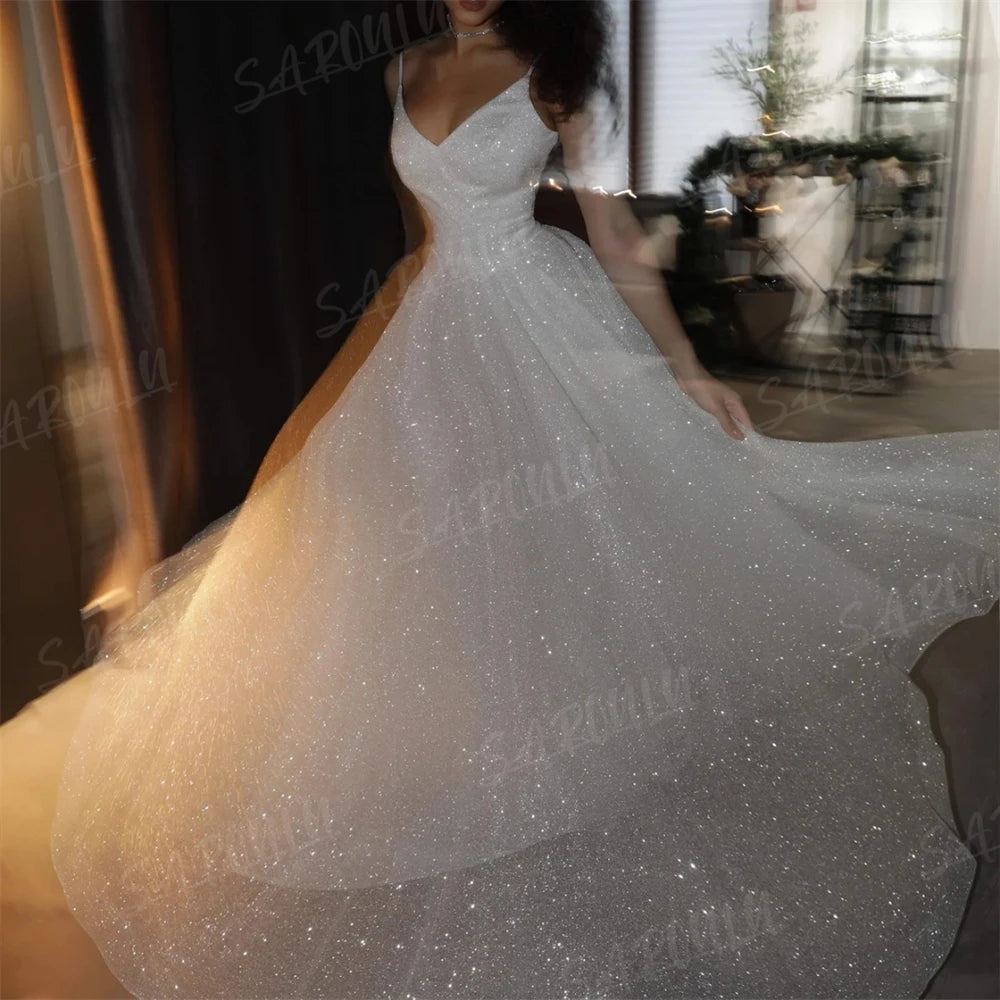 Spaghetti Straps Shinny Wedding Dress A-line V Neck Glitter Bridal Gown For Wedding Party Bride Dresses Custom Made Sequined