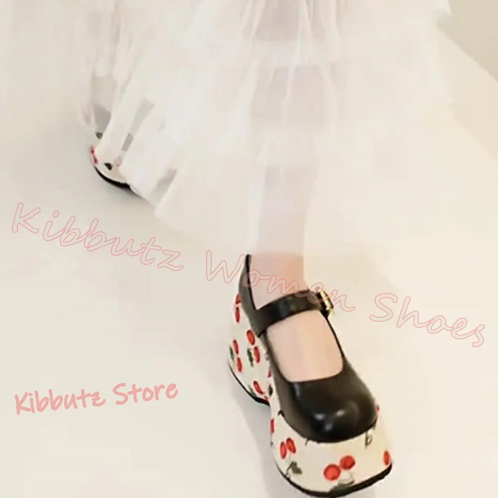 Mary Jane Pumps Cherries Platform Mixed Color Leather Belt Buckle for Women Shoes Round Toe Height Increasing Elegant Sexy New