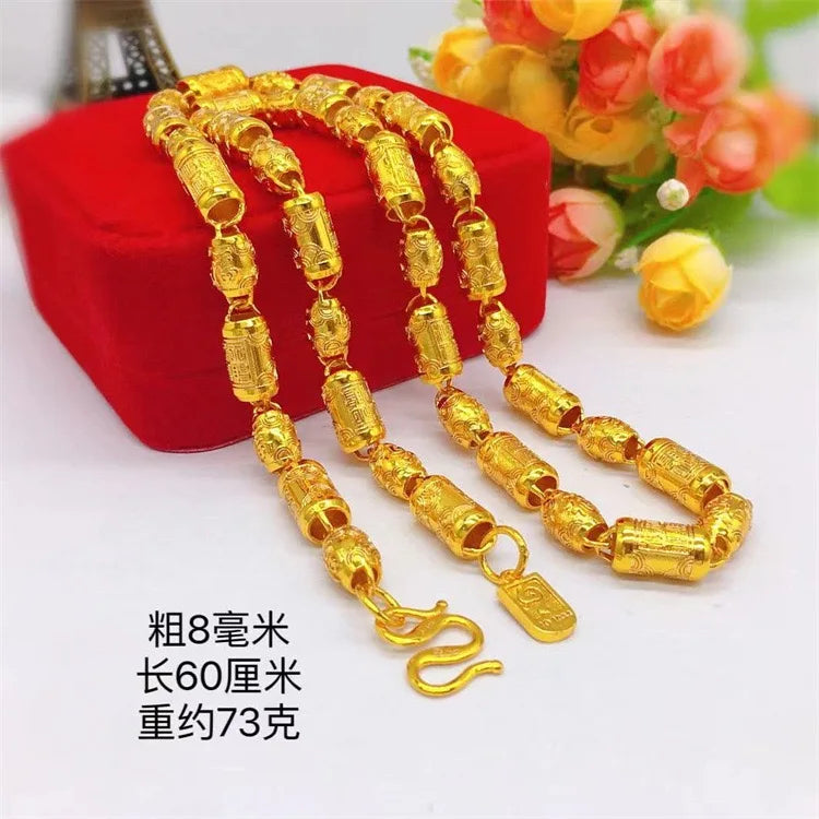 24K real gold hollowed out men's necklace with M buttons, men's boutique 9999 cylindrical necklace, light pearl gold jewelry