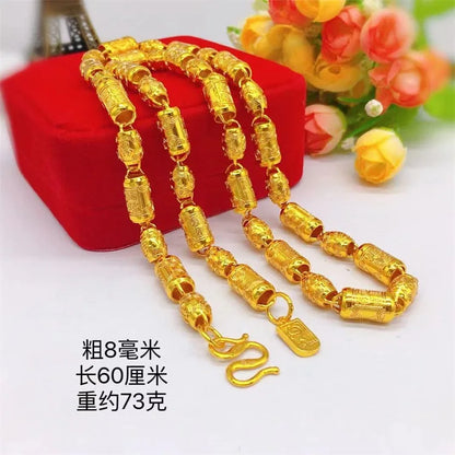 24K real gold hollowed out men's necklace with M buttons, men's boutique 9999 cylindrical necklace, light pearl gold jewelry