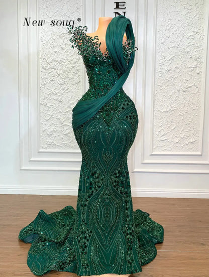 High Fashion Emerald Green Long Prom Dresses 3D Pleated Crystals Beaded Mermaid Wedding Evening Party Gowns Plus Size Customized