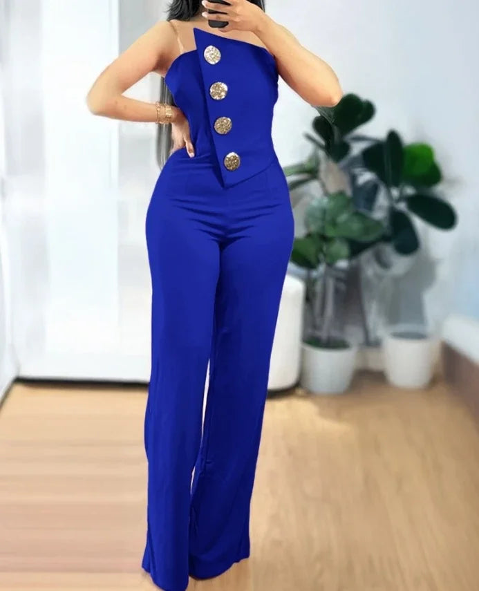 Jumpsuit Women Spring Fashion Rhinestone Fishnet Patch Sexy Plain Asymmetrical Neck Long Sleeve Skinny Daily Flared Leg Jumpsuit