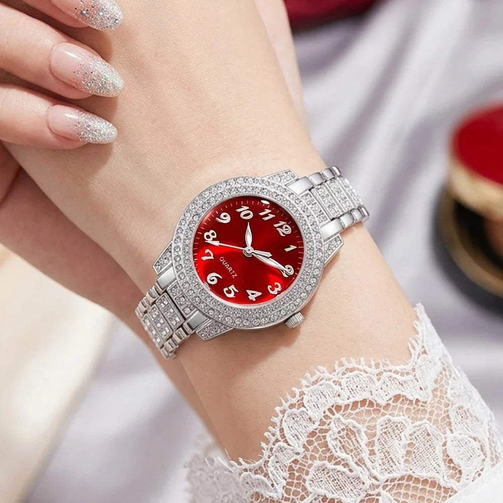 4Pcs/Set Unisex Jewelry Watches Women's Wristwatch Accessories Silver Red Trendy Fashionable Elegant Classic Exquisite Light Luxury Rhinestone Luxury Bracelet Watch Set Y2K Suitable for Daily Outfits Perfect Holiday Gift