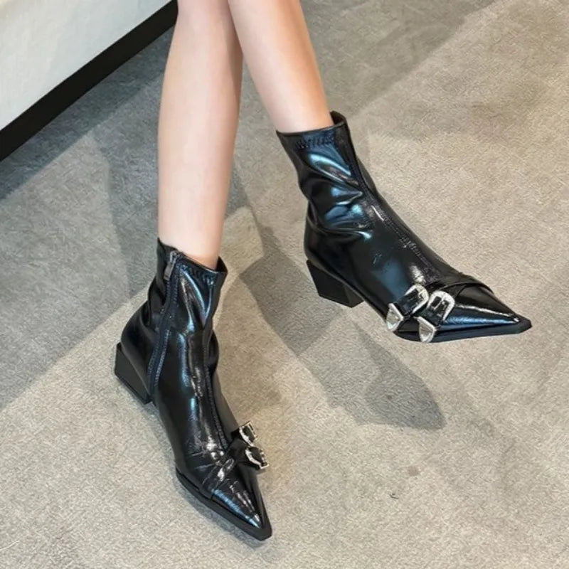 2026 Fashion Buckle Decor Side Zipper Casual Women's Ankle Boots New Solid Pointed Toe Mid Heel Comfort Outdoor Boots for Women