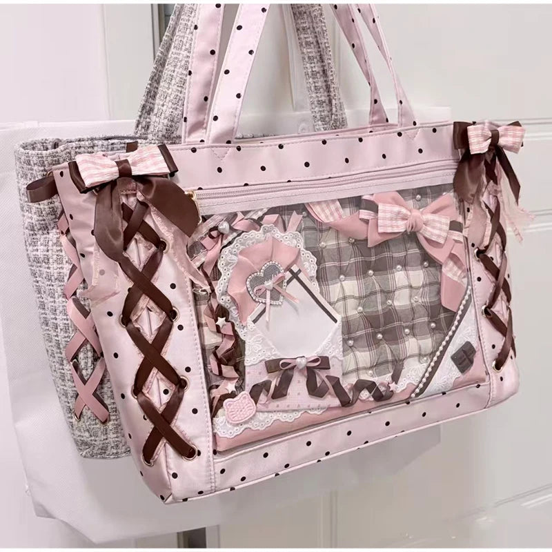 Sweet College Style Ribbon Ita Bag Women Fashion Shoulder Bags Large Capacity Tote Bag For Daily Commuting Transparent Handbag