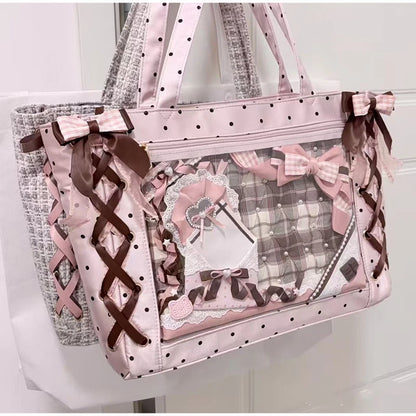 Sweet College Style Ribbon Ita Bag Women Fashion Shoulder Bags Large Capacity Tote Bag For Daily Commuting Transparent Handbag