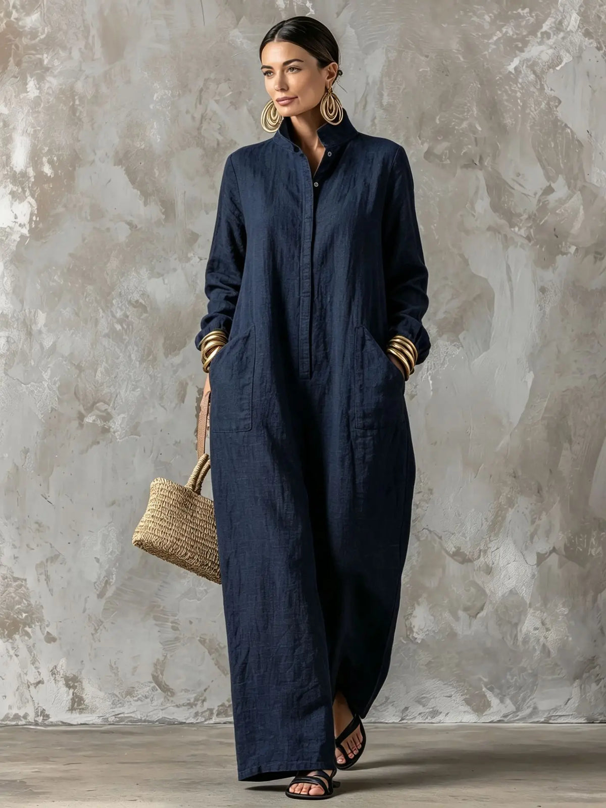 Women's Spring Autumn Long Sleeved Jumpsuit With Pockets Simple Solid Button Half Open Design Loose Jumpsuits Ladies Casual Wear