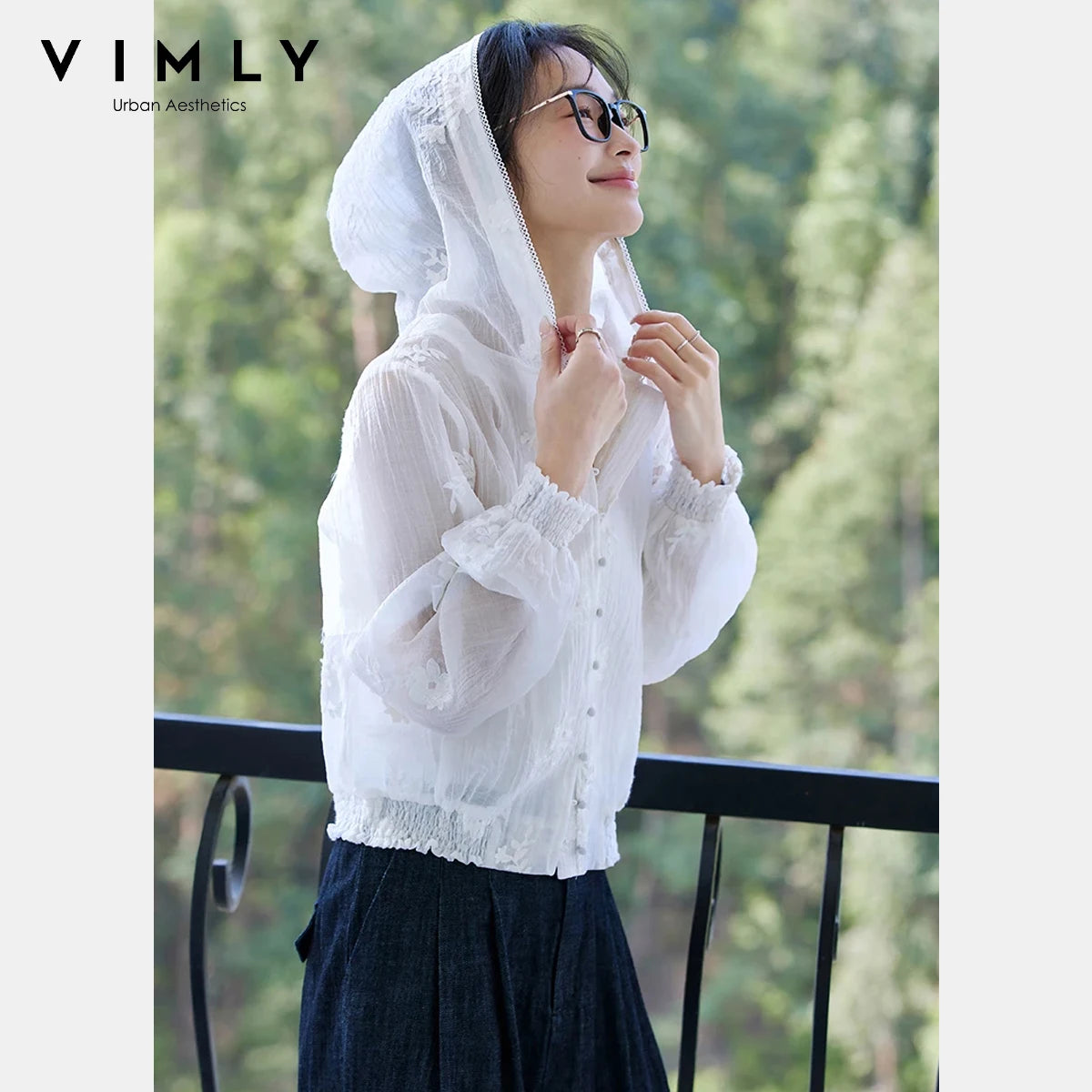 VIMLY Women's White Hooded Jacket 2026 Spring Autumn Smocked Cuff Embroidered Outerwear Casual Female Sheer Top Woman  A0796