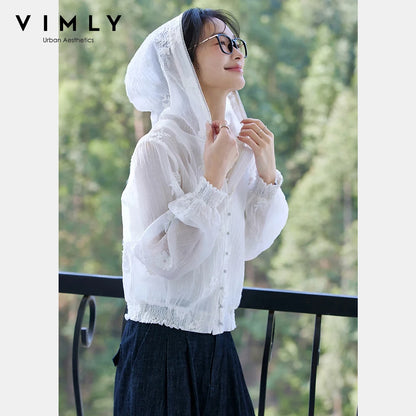 VIMLY Women's White Hooded Jacket 2026 Spring Autumn Smocked Cuff Embroidered Outerwear Casual Female Sheer Top Woman  A0796