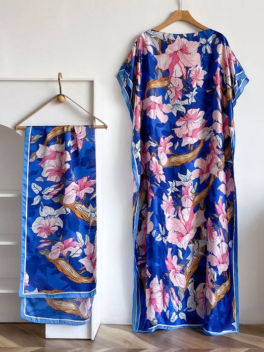Vibrant Magnolia Floral Print Satin Abaya Scarf Set, Loose Batwing Kaftan For Muslim Women Summer Beach Holiday Wear