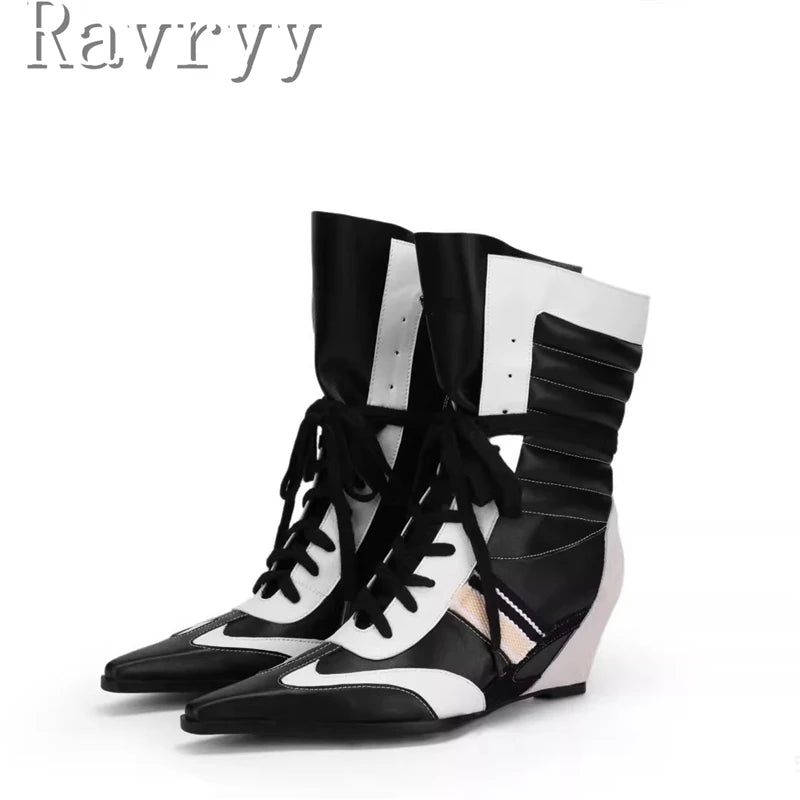 Niche Design Pointed Toe Colorblock Short Boots Fashion Women's Wedge Heel Lace Up Sporty Boxing Boots