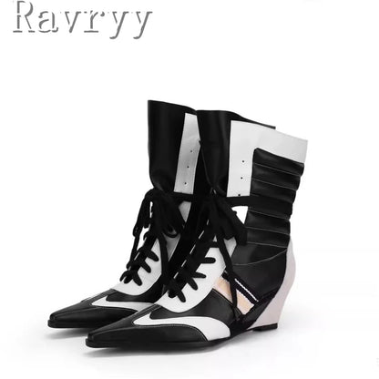 Niche Design Pointed Toe Colorblock Short Boots Fashion Women's Wedge Heel Lace Up Sporty Boxing Boots