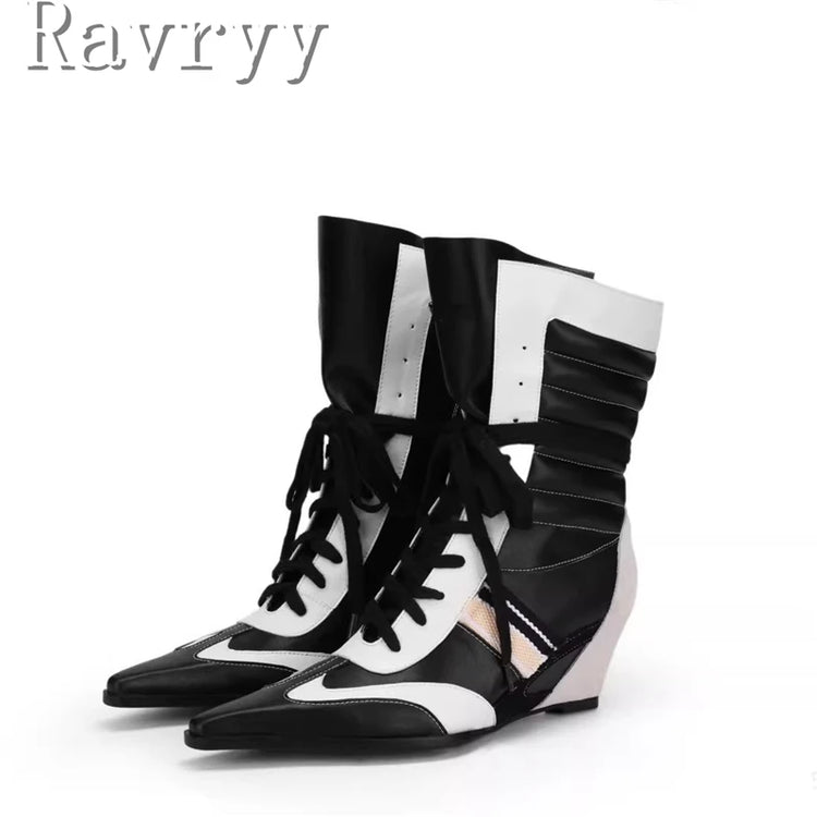 Niche Design Pointed Toe Colorblock Short Boots Fashion Women's Wedge Heel Lace Up Sporty Boxing Boots