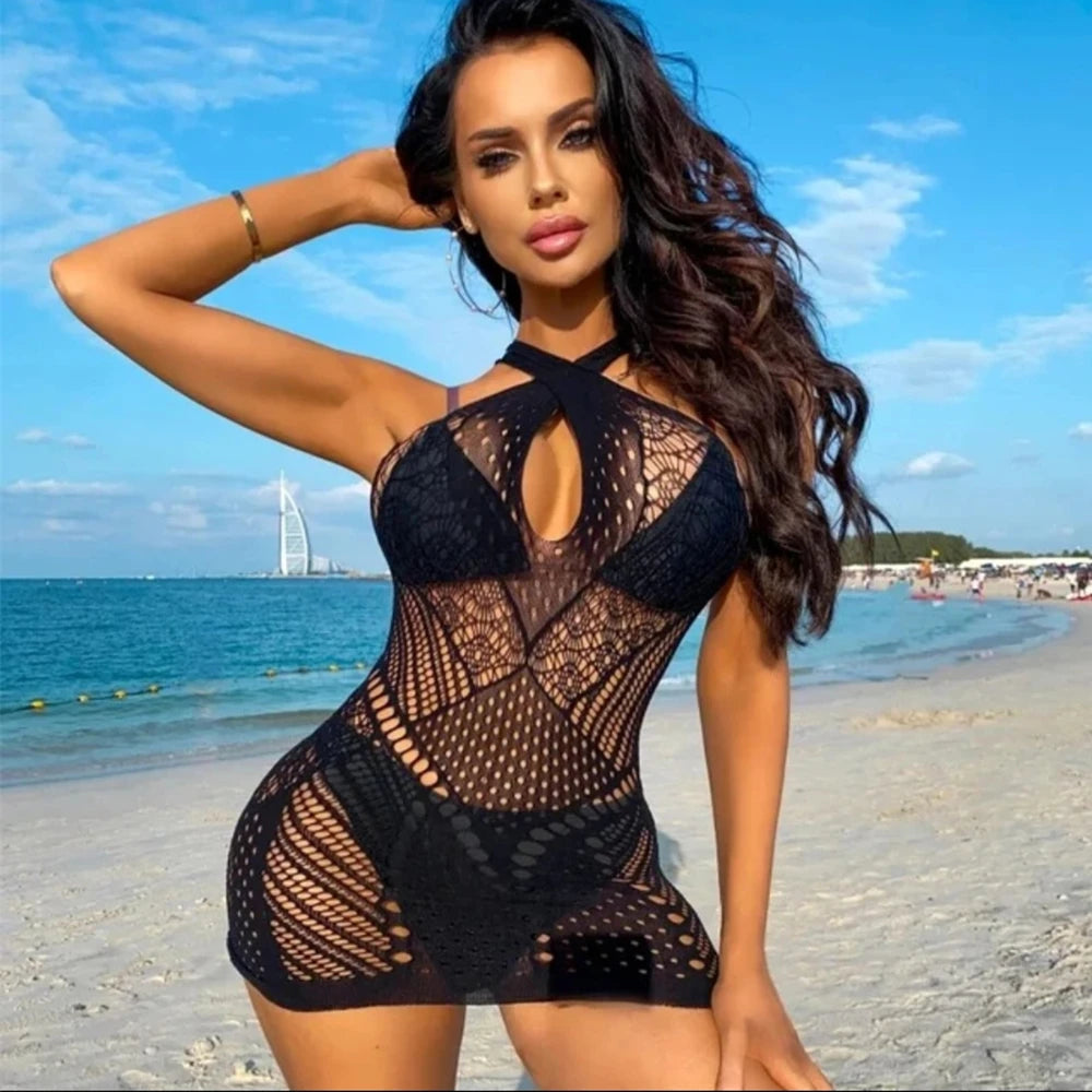 One-piece Fishing Net Bodycon Dress Sleeveless Women's Mesh Skirt Sexy Hollow Out See Through Nightwear Night Club Erotic Wear