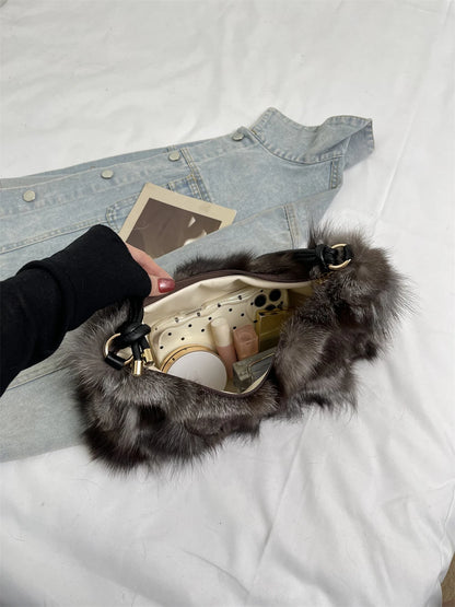 Winter Warm Fox Fur Shoulder Hobo Bags For Women Latest Luxury Designer Purses And Handbags Elegant Evening Bag For Dinner Party