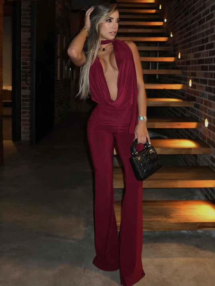 Dulzura Summer Solid Sexy Halter Swinging Collar Backless Slim Lace Up Flared Jumpsuit Women'S Fashion Elegant Party Club Romper