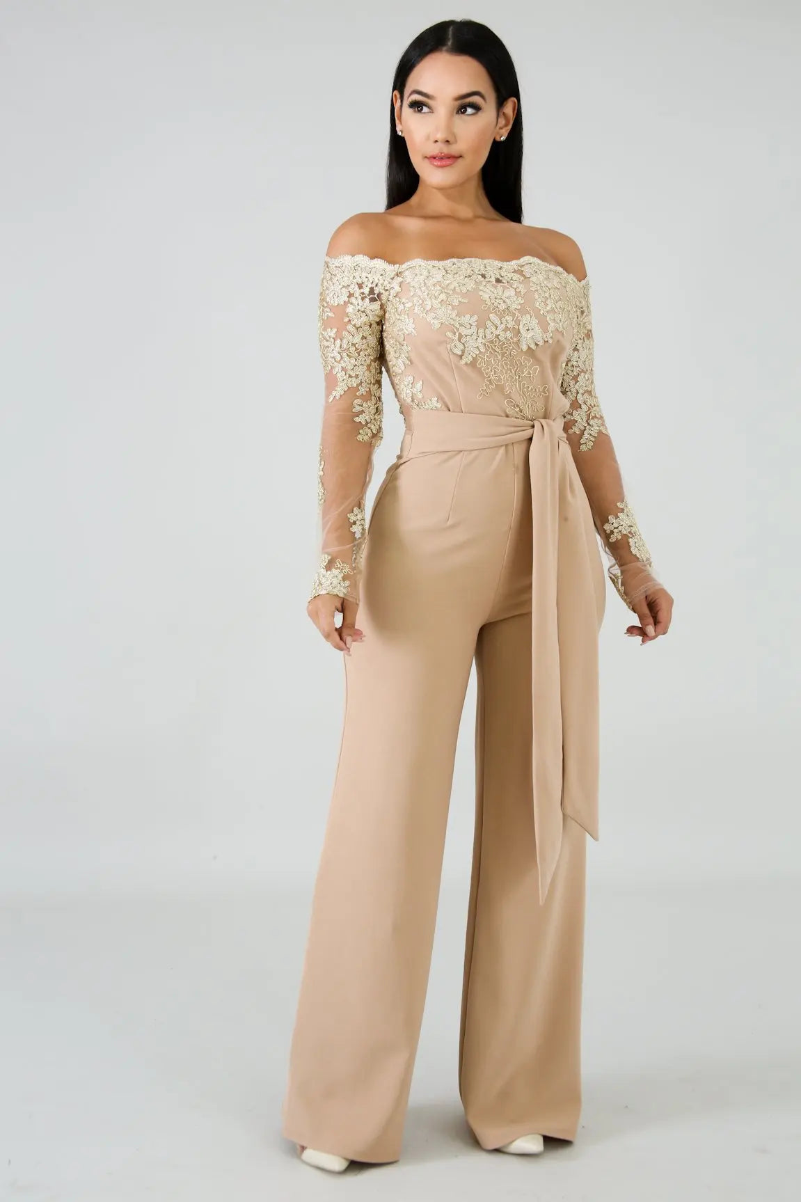 Womens Elegant Off Shoulder Long Pants Wide Leg Jumpsuits Floral Embroidery Lace See Through Cocktail Club Party Evening Rompers
