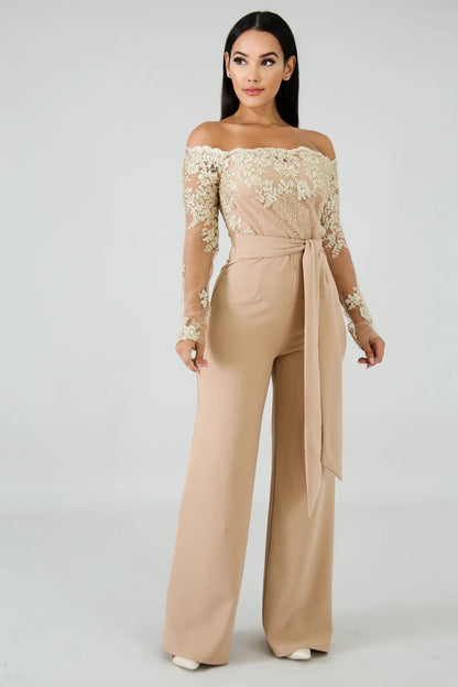 Womens Elegant Off Shoulder Long Pants Wide Leg Jumpsuits Floral Embroidery Lace See Through Cocktail Club Party Evening Rompers