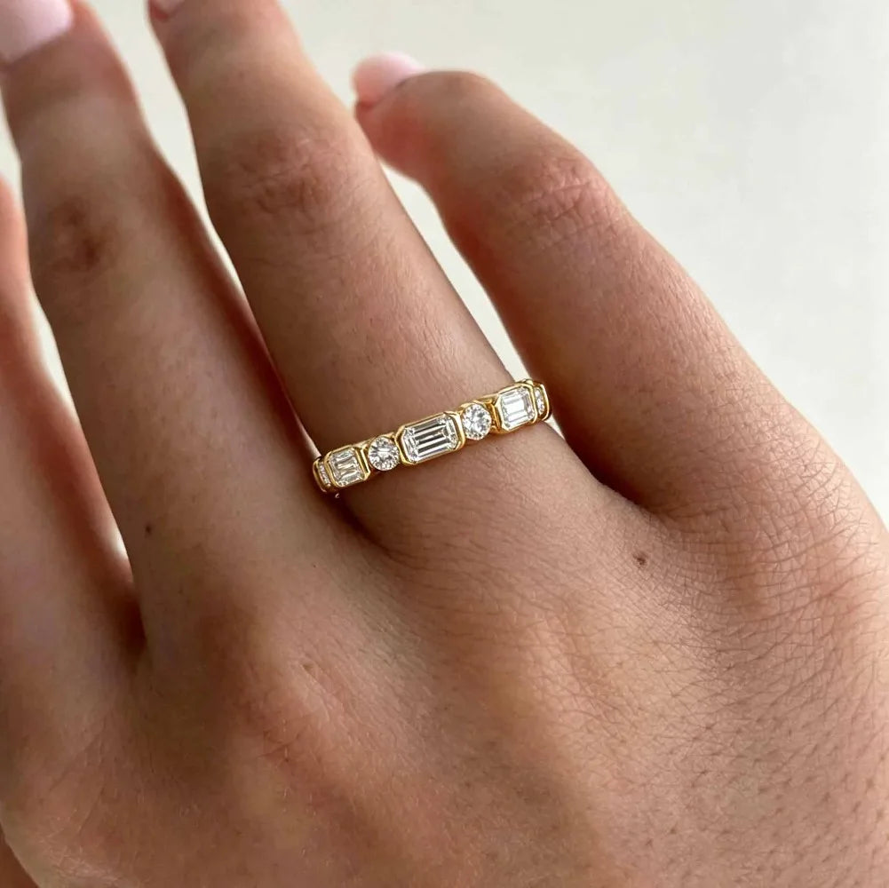 3mm Round Emerald Cut Moissanite Full Eternity Ring for Women S925 Silver Bezel Lab Diamond Promise Wedding Band Fine Jewelry