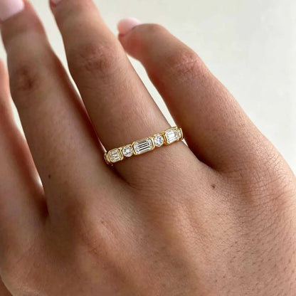 3mm Round Emerald Cut Moissanite Full Eternity Ring for Women S925 Silver Bezel Lab Diamond Promise Wedding Band Fine Jewelry