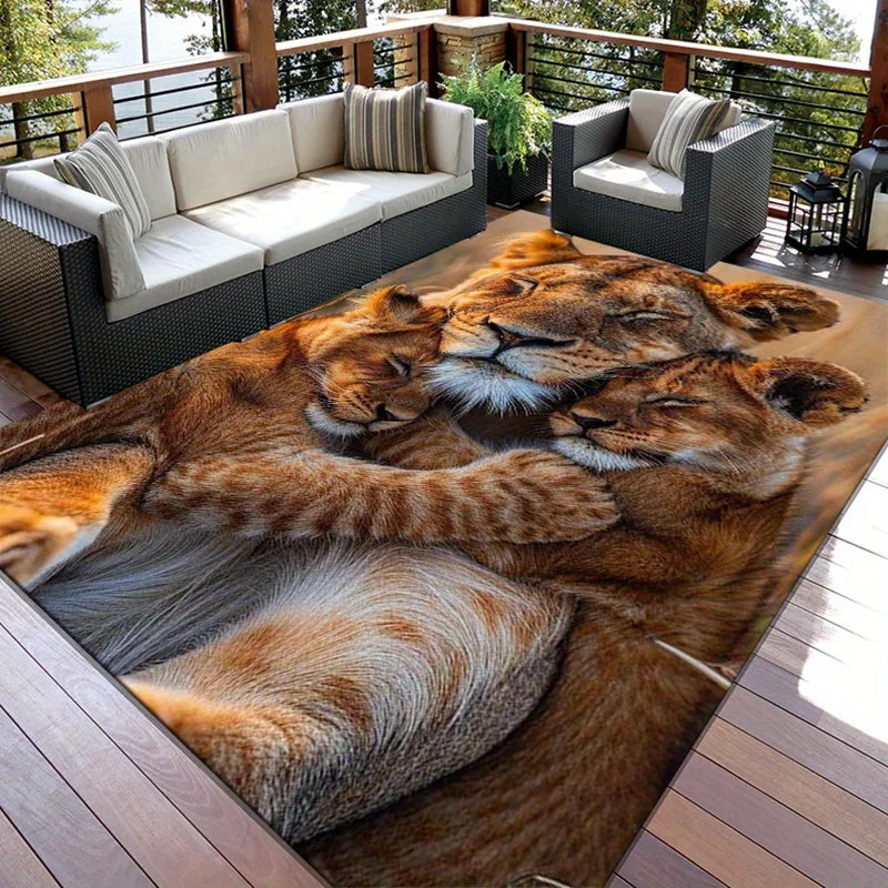 Flannel Printed Lion Family Rug Wild Animal Art Design Soft Fleece Outdoor Mat Garden Patio Carpet Nature Decor Rugs