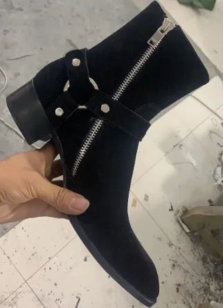 Brown Men Chelsea Boots Handmade High-quality Cow Suede Business Casual Square Toe Mid-heel Men Shoes Motorcycle Boots With Heel