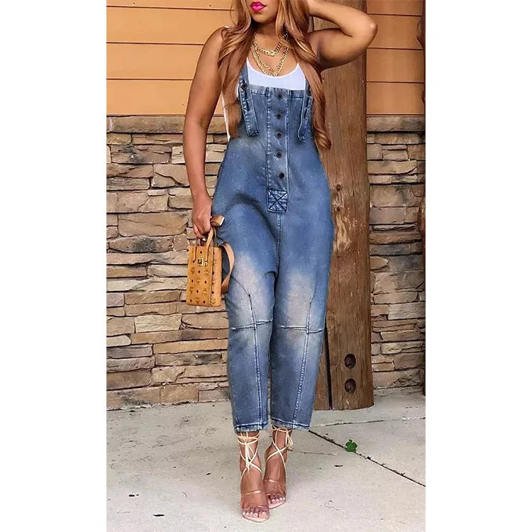 Women One Piece Jumpsuits Denim Pants Overalls Sleeveless Straight Trousers Spliced Rompers Casual Office Ladies Autumn