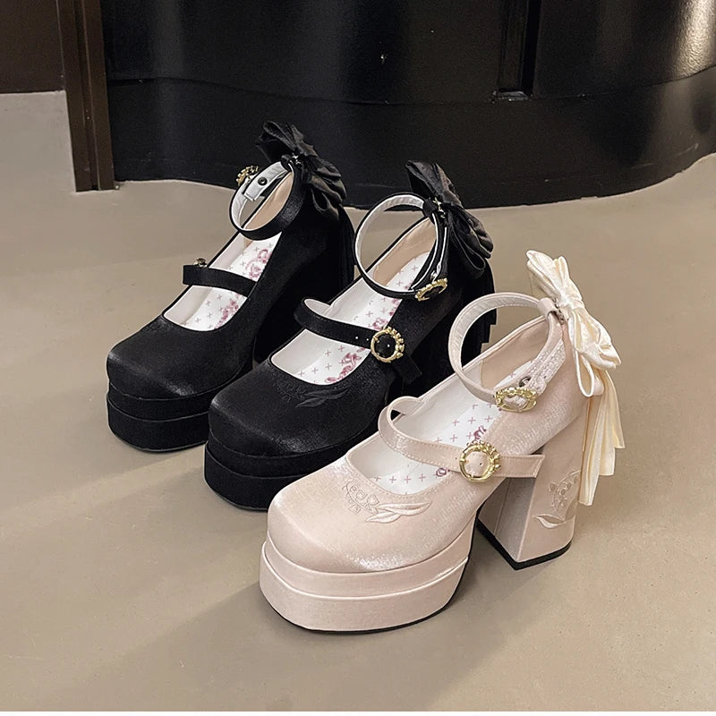 Summer Platform High Heel Women Lolita Mary Jane Shoes Fashion Butterfly-knot Stripper Party Dress Pumps Shoes