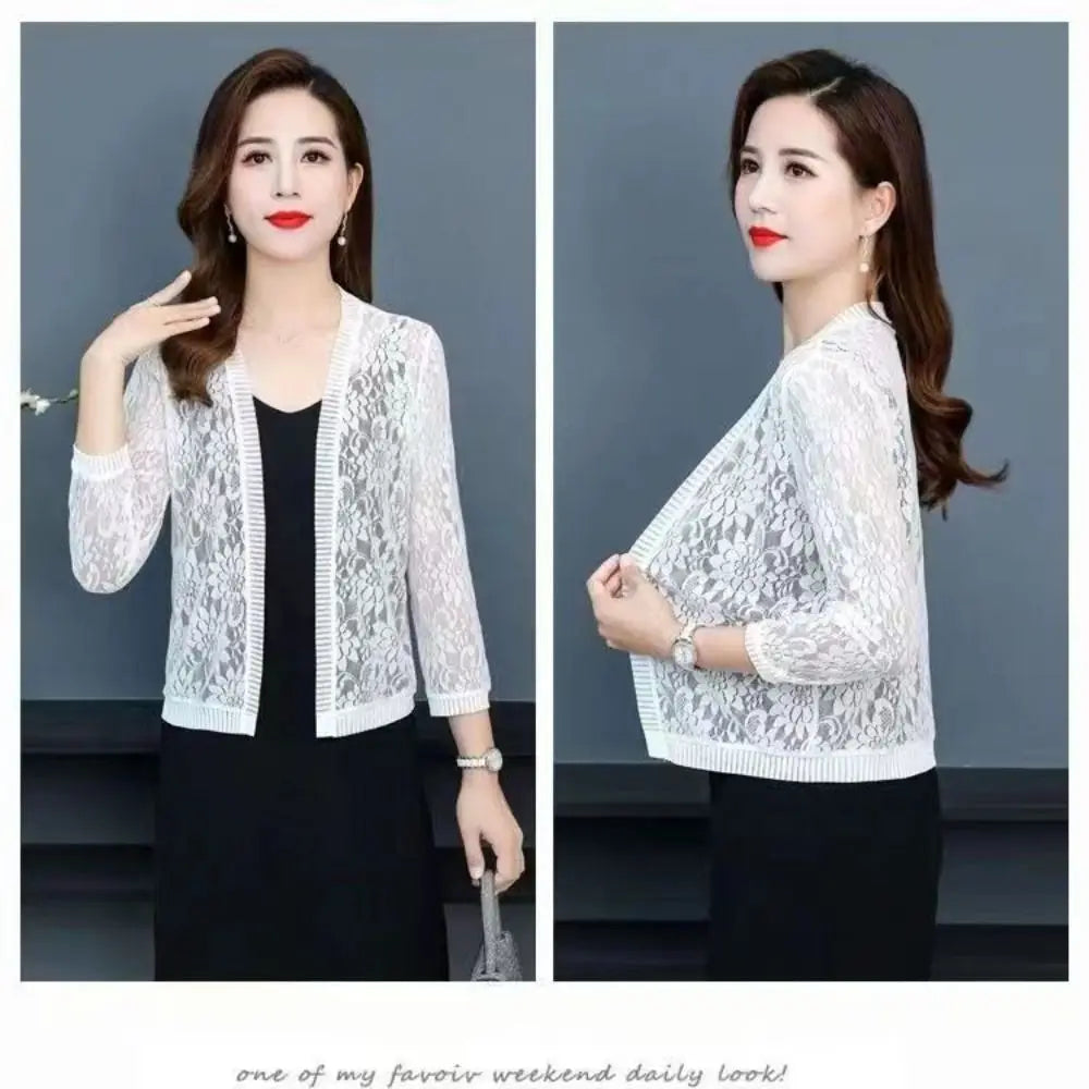 Summer Tie Up Women's Cardigan Breathable Beach Sun Protection Clothing Floral Lace Mesh Shawl Women