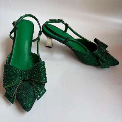 Insightlink Green Crystal High Heel with Bag Set for Bridal Wedding Party Designer Pointed Toe and Clutch Luxury Sandal Handbag